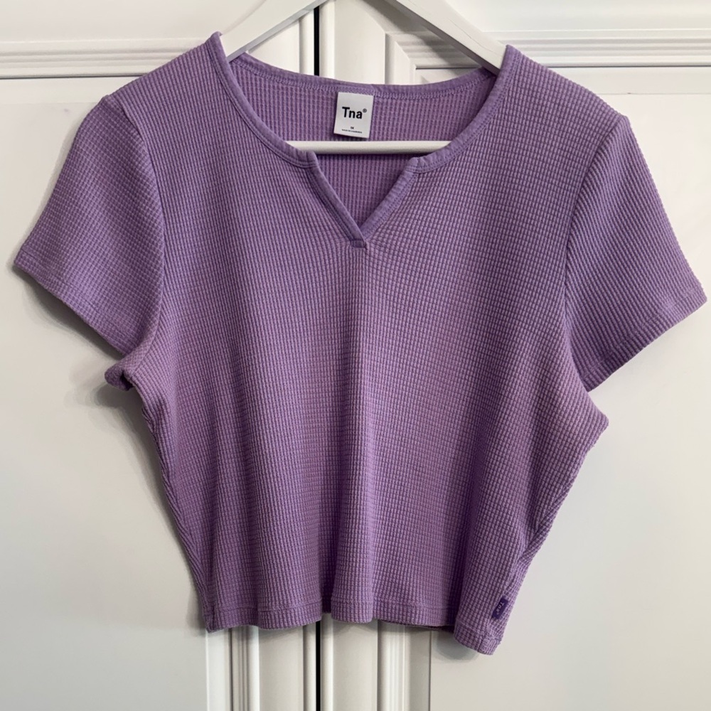 TNA Women's Plus Size 1X Lavender Waffle Knit Notch Cropped Tee Short Sleeve